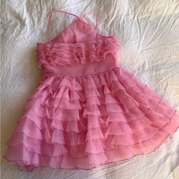 NWT Staud Florian Appliqué Flower Ruffle Halter Organza Mini Dress Tulip Pink - Picture 10 of 13